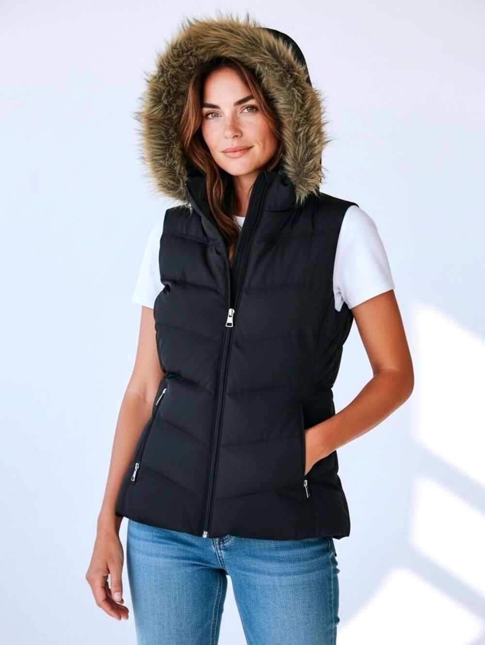 BANANA REPUBLIC Womens M Black Puffer Vest Faux-Fur Detachable Hood Sherpa Lined